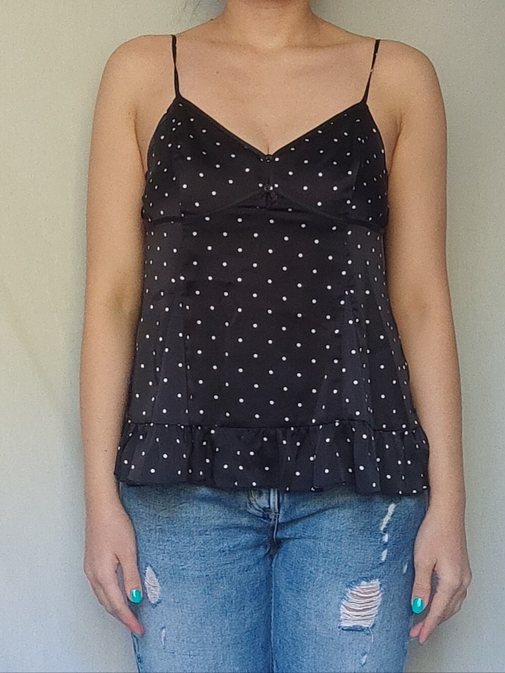 Abercrombie and Fitch Y2K Black and White Polka Dot Satin Babydoll Top